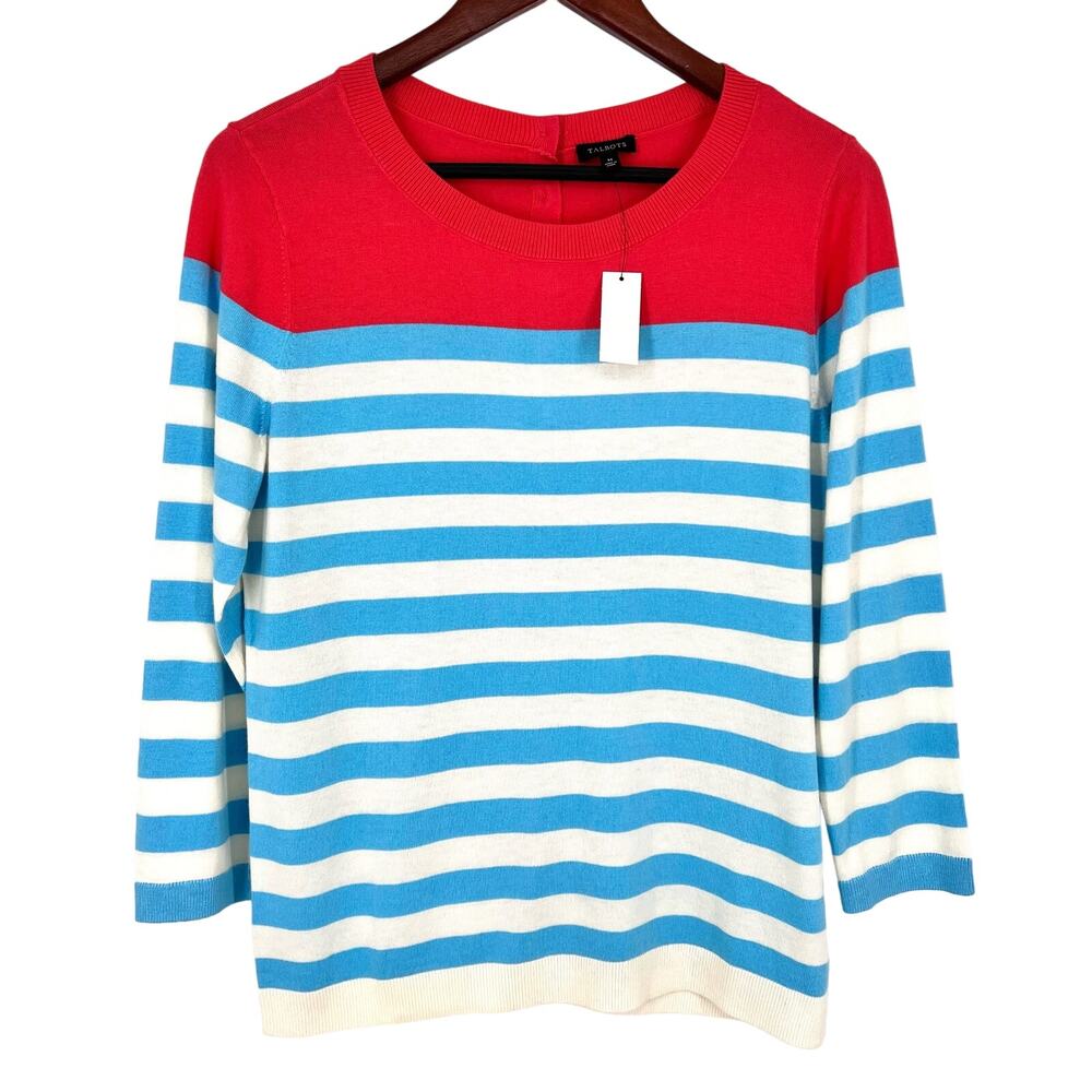 NEW NWT $90 Talbots Sz Medium Blue Coral Pink Knit Sweater Blouse Shirt Top